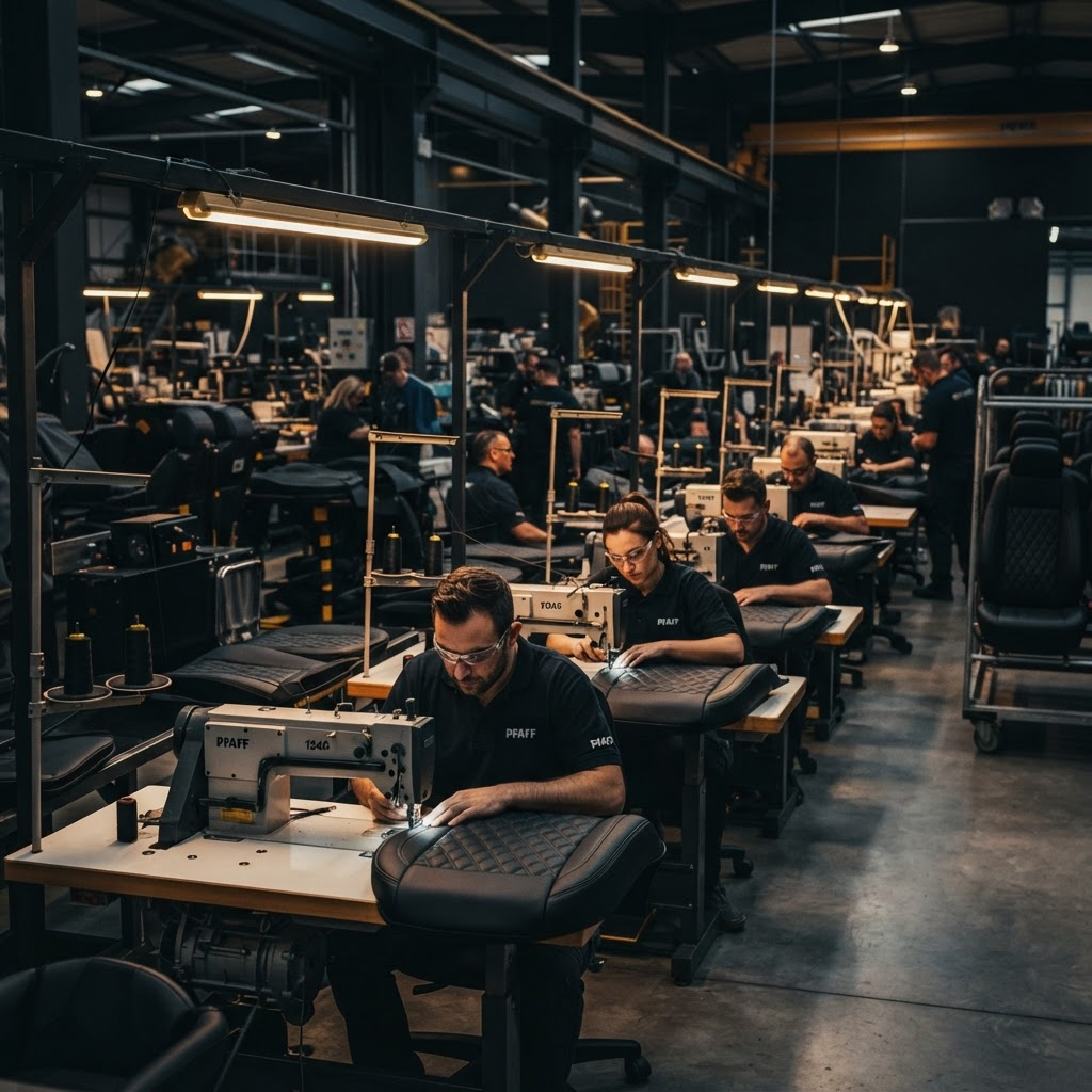 Interior of the Rajrudram Automotive manufacturing plant with industrial sewing machines