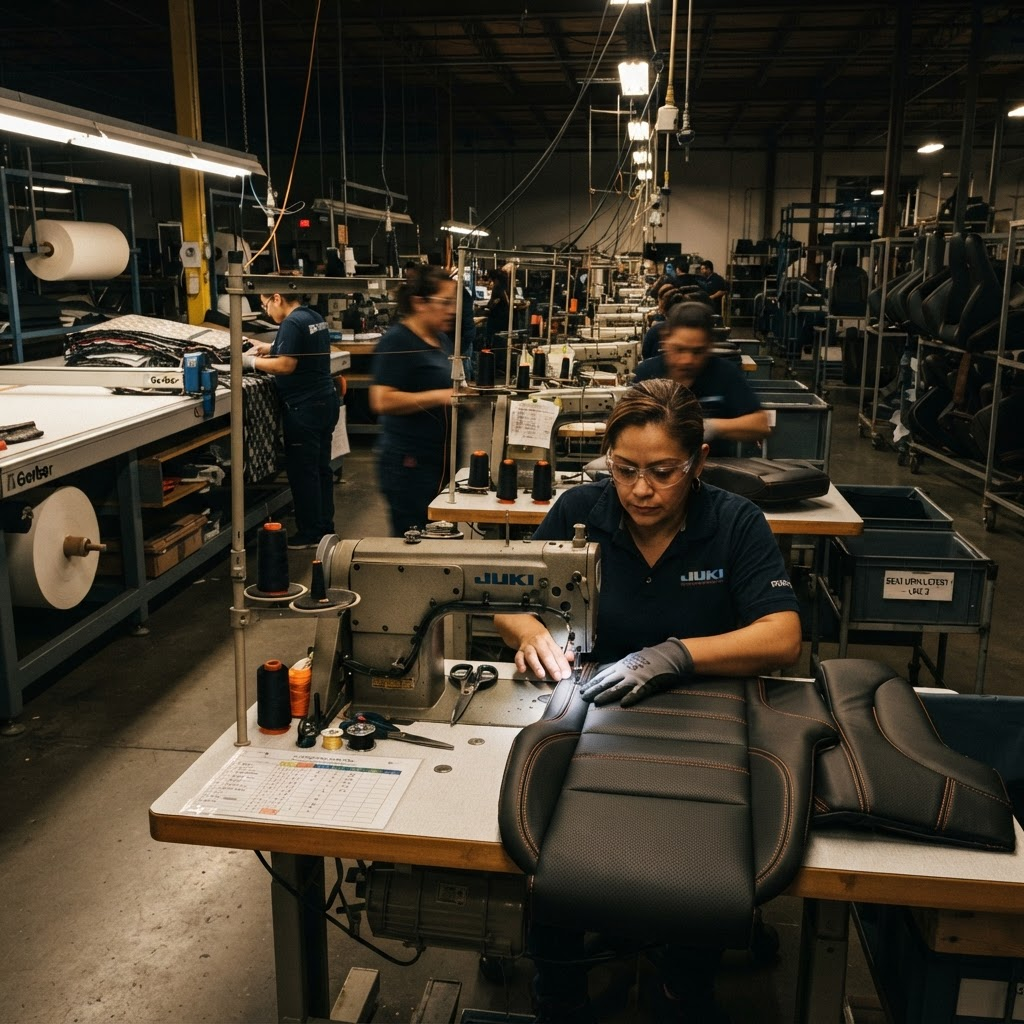 Rajrudram Automotive production floor with industrial sewing machines